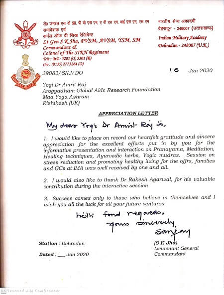 Appriciation Letter By Indian Military Academy Dehradun