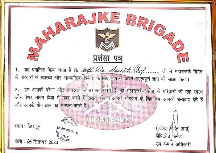 Appriciation Letter By Maharajke Brigade