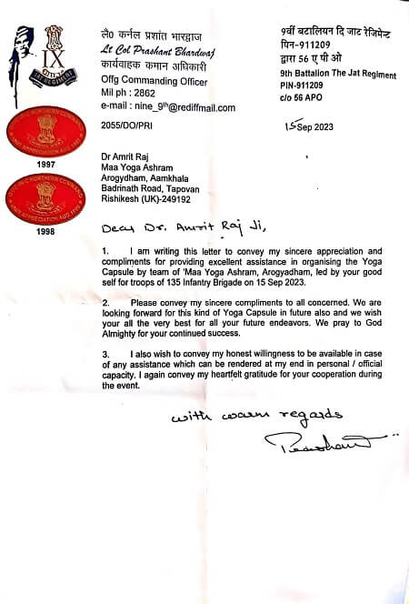 Appriciation Letter By Lt Col Prashant Bhradwaj The Jat Rejiment