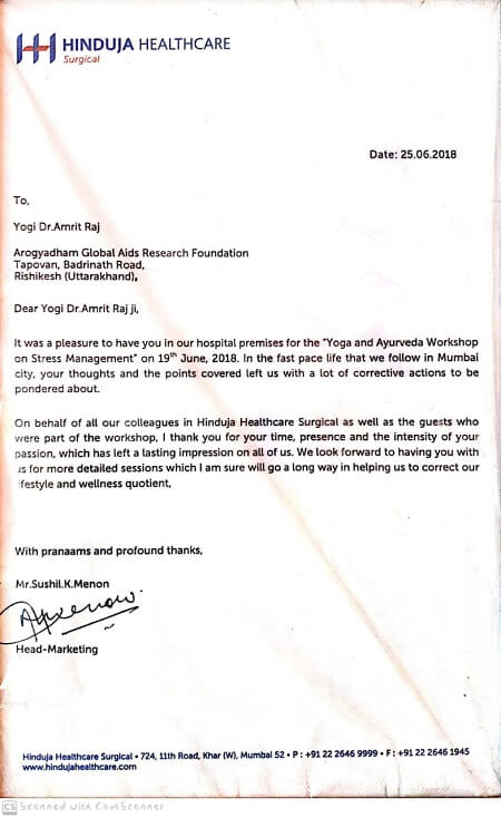 Appriciation Letter By Hinduja Healthcare