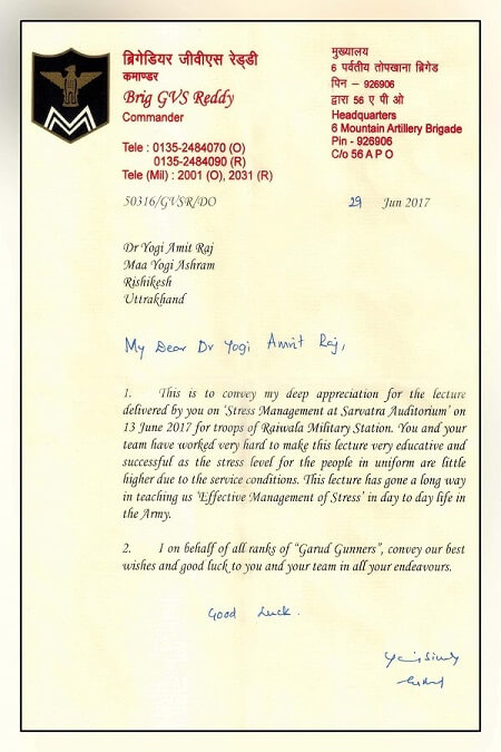 Appriciation Letter By Brig GVS Reddy Headquarters 6 Mountain Artilery Brigade